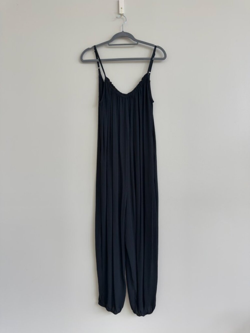 Black Crinkle Crepe Drop Crotch Harem Jumpsuit Adjustable Straps Boho